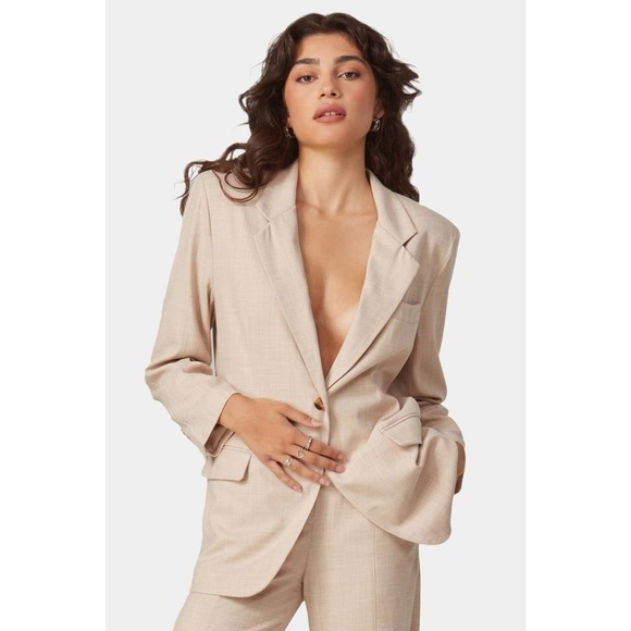 NWT Lola Jeans Cotton Blend Single Breasted Button Blazer Jacket Neutral Beige M - Picture 3 of 10